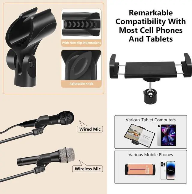 Alt view image 5 of 6 - Mic Stand,6 In 1 Microphone Stand Floor Boom Mic Stand, Support Boom Gooseneck Mic Clips Tablet Phone Holder Any Combination With Mic Stand Bag