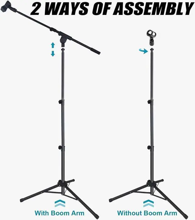 Alt view image 5 of 7 - Microphone Stand - Tripod Boom Arm Mic Stand with Carrying Bag, 2 Mic Clips and Screw Adapter Portable for Singing Performance Wedding Stage and Mic Mount