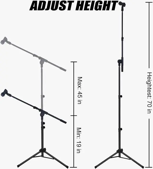 Alt view image 2 of 7 - Microphone Stand - Tripod Boom Arm Mic Stand with Carrying Bag, 2 Mic Clips and Screw Adapter Portable for Singing Performance Wedding Stage and Mic Mount