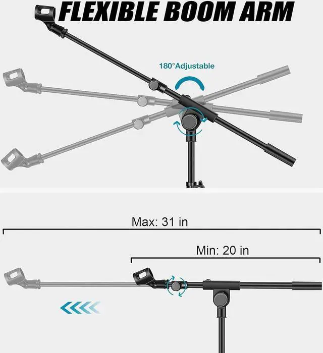 Alt view image 3 of 7 - Microphone Stand - Tripod Boom Arm Mic Stand with Carrying Bag, 2 Mic Clips and Screw Adapter Portable for Singing Performance Wedding Stage and Mic Mount