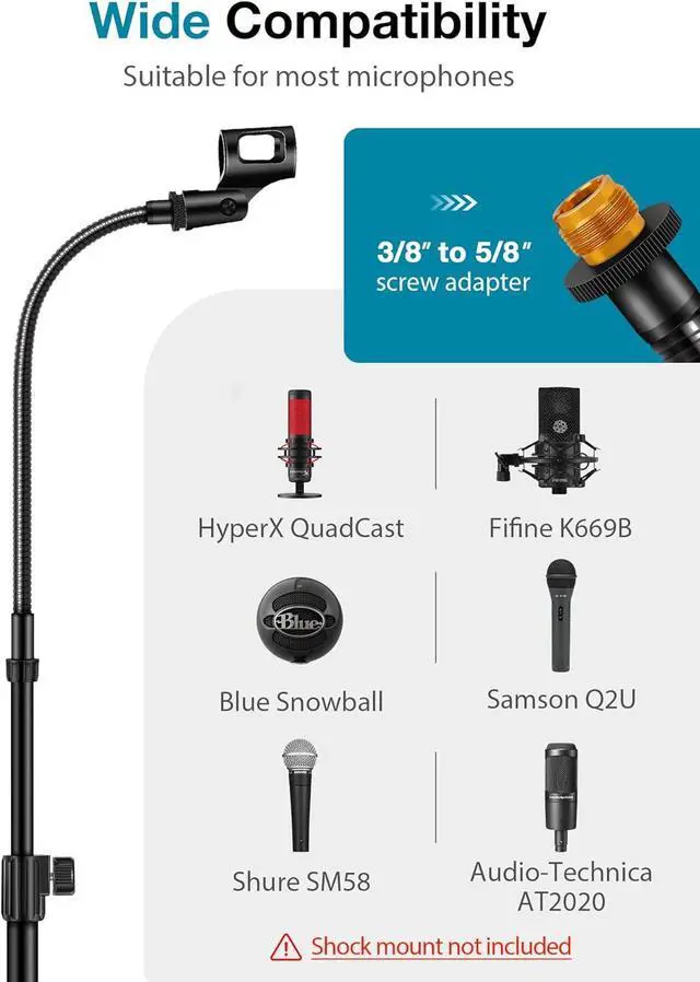 Alt view image 6 of 7 - Microphone Stand, Mic Stand Detachable Gooseneck Mic Floor Stand Height Adjustable from 32 to 70 with Weighted Round Base for Blue Yeti Blue Snowball Shure SM7B Shure SM58 Samson Q2U