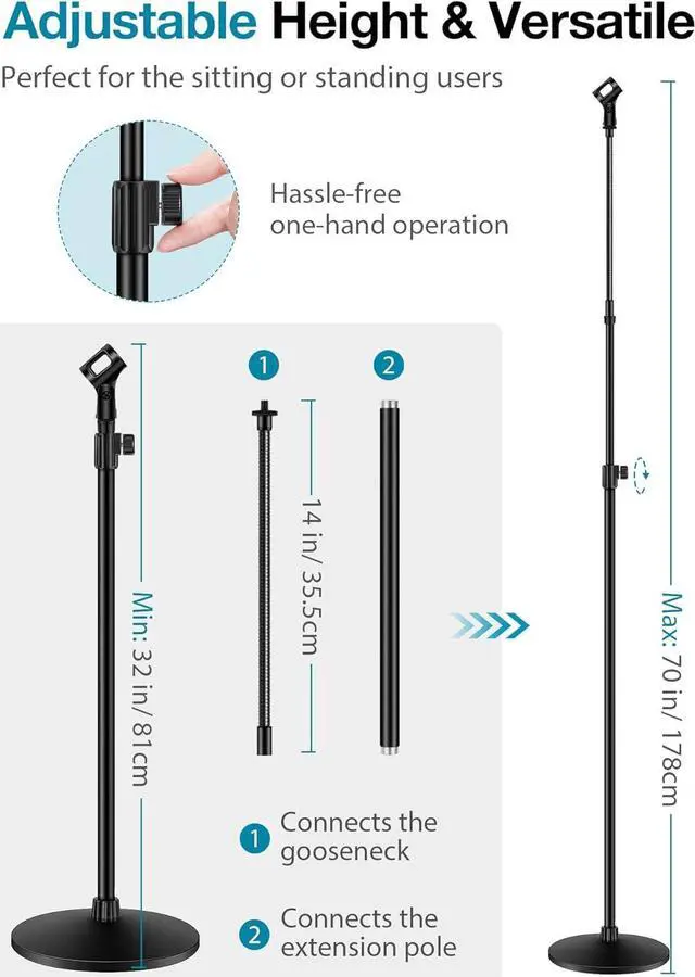Alt view image 3 of 7 - Microphone Stand, Mic Stand Detachable Gooseneck Mic Floor Stand Height Adjustable from 32 to 70 with Weighted Round Base for Blue Yeti Blue Snowball Shure SM7B Shure SM58 Samson Q2U