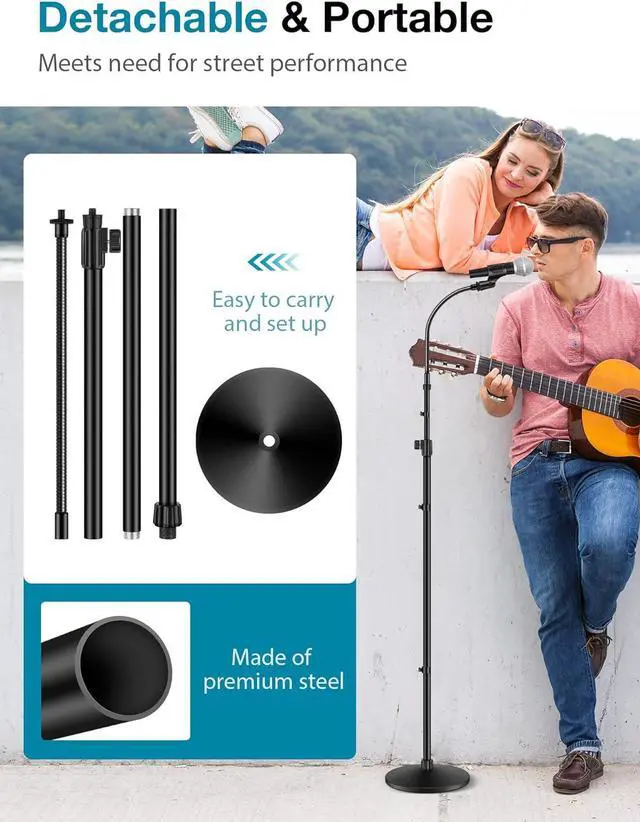 Alt view image 7 of 7 - Microphone Stand, Mic Stand Detachable Gooseneck Mic Floor Stand Height Adjustable from 32 to 70 with Weighted Round Base for Blue Yeti Blue Snowball Shure SM7B Shure SM58 Samson Q2U