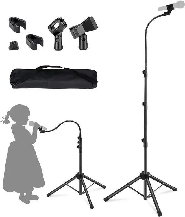 Main image of Boom Mic Stand Mike Stand Gooseneck Microphone Stand Tripod Adjustable Height 3'- 6' with Mic Clips and 3/8" - 5/8" Adapter Microphone Stand for Singing