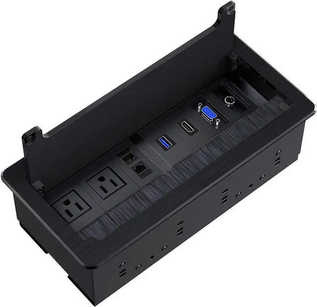 Main image of Recessed Connectivity Box Outlet for Conference Room Table with 2AC Receptacle,2RJ45, 1USB3.0, 1HDMI, 1 VGA, 13.5mm Audio, Black