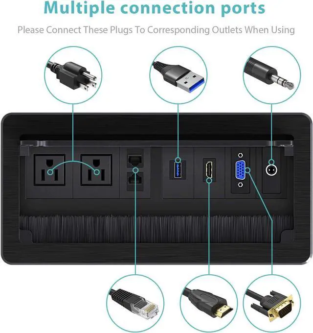 Alt view image 3 of 6 - Recessed Connectivity Box Outlet for Conference Room Table with 2AC Receptacle,2RJ45, 1USB3.0, 1HDMI, 1 VGA, 13.5mm Audio, Black