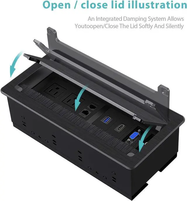 Alt view image 4 of 6 - Recessed Connectivity Box Outlet for Conference Room Table with 2AC Receptacle,2RJ45, 1USB3.0, 1HDMI, 1 VGA, 13.5mm Audio, Black