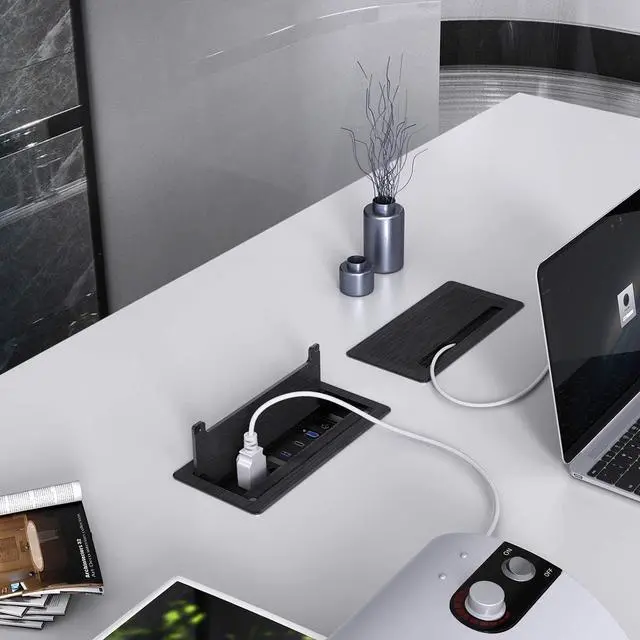 Alt view image 6 of 6 - Recessed Connectivity Box Outlet for Conference Room Table with 2AC Receptacle,2RJ45, 1USB3.0, 1HDMI, 1 VGA, 13.5mm Audio, Black