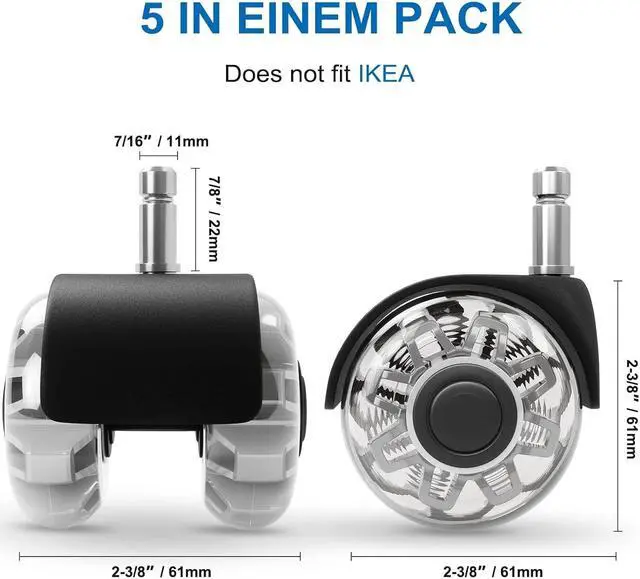 Alt view image 7 of 7 - Office Chair Wheels Replacement-2 Inch Heavy Duty Caster Wheels,Quick & Quiet Rolling Chair Casters (Set of 5),Desk Chair Wheels Universal Fit,Safe for All Floor or Carpet