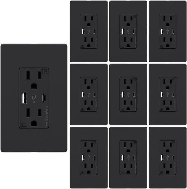 Main image of 10 Pack USB C Outlet, 25W 5.0 Amp 2-Ports USB Receptacle, 15A Tamper Resistant Wall Outlet with USB C Ports, Screwless Wall Plate Included, ETL Listed, Black