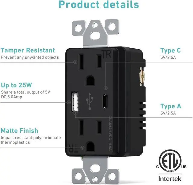 Alt view image 3 of 6 - 10 Pack USB C Outlet, 25W 5.0 Amp 2-Ports USB Receptacle, 15A Tamper Resistant Wall Outlet with USB C Ports, Screwless Wall Plate Included, ETL Listed, Black