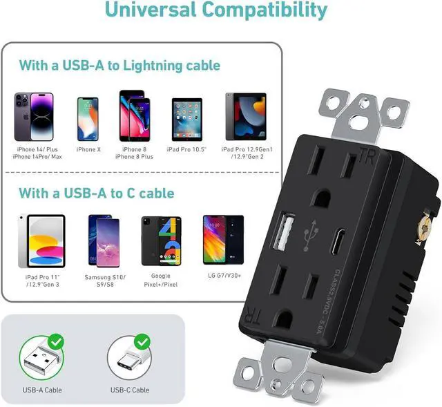 Alt view image 5 of 6 - 10 Pack USB C Outlet, 25W 5.0 Amp 2-Ports USB Receptacle, 15A Tamper Resistant Wall Outlet with USB C Ports, Screwless Wall Plate Included, ETL Listed, Black