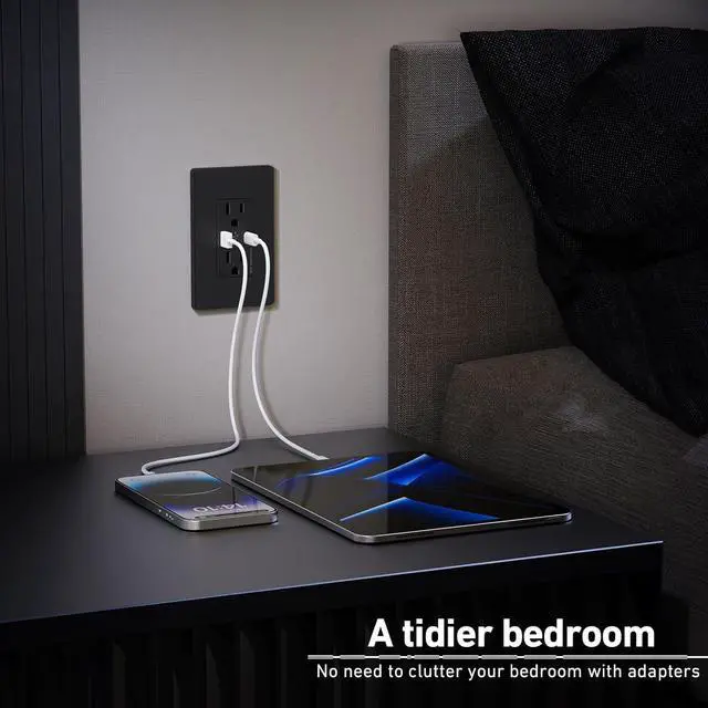 Alt view image 6 of 6 - 10 Pack USB C Outlet, 25W 5.0 Amp 2-Ports USB Receptacle, 15A Tamper Resistant Wall Outlet with USB C Ports, Screwless Wall Plate Included, ETL Listed, Black