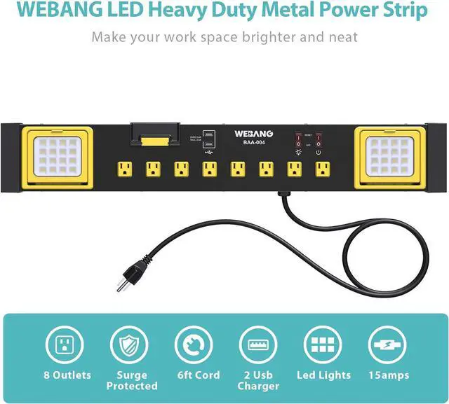 Alt view image 3 of 7 - Heavy Duty Metal Power Strip Surge Protector with 8 Outlets,2 USB Ports, Led Worklight, 15A Circuit Breaker, Wall Mount, UL Listed for Workshop/Garage/Countertop