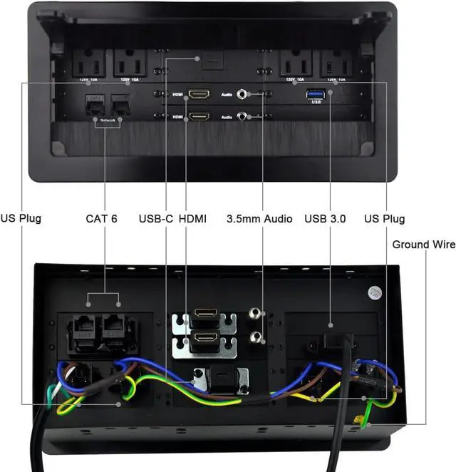Alt view image 3 of 7 - Tabletop Multimedia Connectivity Box with 4 AC Power+2 HDMI+2 RJ45+1 USB3.0 Port +1 USB-C +2 Audio with 5.58ft Power Cord for Conference Room(Black)