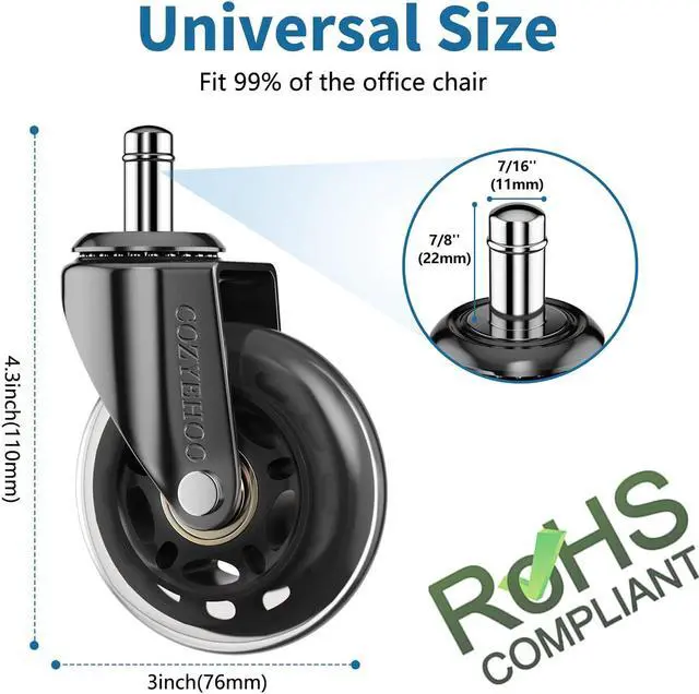 Alt view image 6 of 6 - Office Chair Wheels, Heavy-Duty Caster Wheels 3 Inch, Replacement Wheels for Office Chair, Rubber Casters for Wood Floors/Carpet, Safe Quiet Rolling for Office Desk Chair Chair Wheels Set of 5