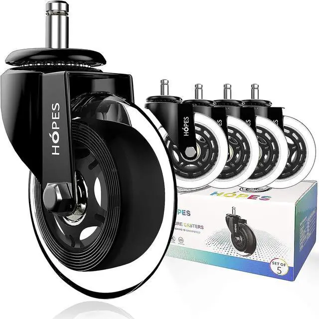 Main image of Office Chair Caster Wheels (Set of 5) - Heavy Duty & Safe for All Floors Including Hardwood - Perfect Replacement for Desk Floor Mat - Rollerblade Style w/Universal Fit