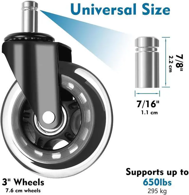 Alt view image 4 of 7 - Office Chair Caster Wheels Set of 5 for Hardwood Floors and Carpet - Office Furniture Casters Replacement for Desk Chair, Computer Chair and Gaming Chair - Heavy Duty - Universal Fit for Most Chairs