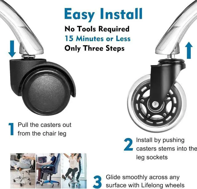 Alt view image 3 of 7 - Office Chair Caster Wheels Set of 5 for Hardwood Floors and Carpet - Office Furniture Casters Replacement for Desk Chair, Computer Chair and Gaming Chair - Heavy Duty - Universal Fit for Most Chairs