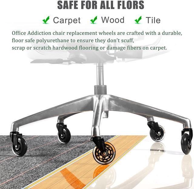 Alt view image 2 of 6 - Office Chair Caster Wheels - 3" Rollerblade Replacement Rubber Chair Casters - Set of 5, Best Protection for Hardwood Floors and Carpet No More Chair Mat Needed - Universal Fit, Smooth & Silent