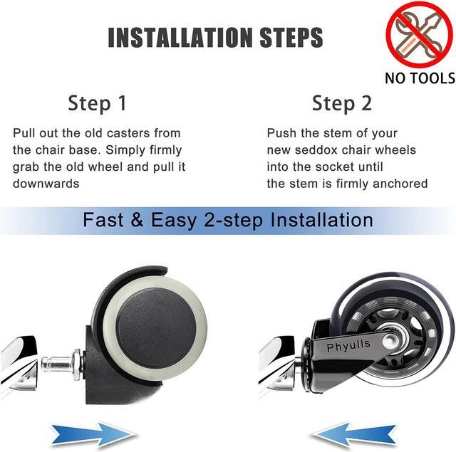 Alt view image 4 of 6 - Office Chair Caster Wheels - 3" Rollerblade Replacement Rubber Chair Casters - Set of 5, Best Protection for Hardwood Floors and Carpet No More Chair Mat Needed - Universal Fit, Smooth & Silent