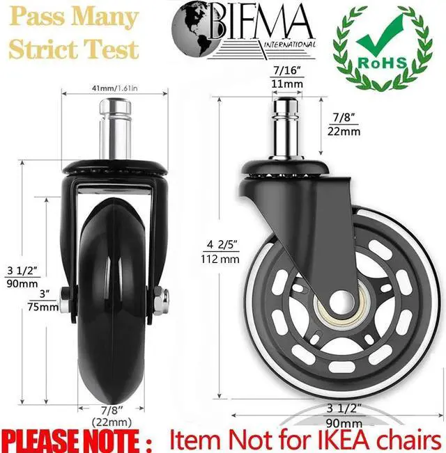Alt view image 3 of 6 - Office Rubber Chair Casters Replacement, 3 Inch Heavy-Duty Computer Gaming Desk Caster Wheels Smooth & Safe Rolling for All Floors Including Hardwood and Carpet, Set of 5