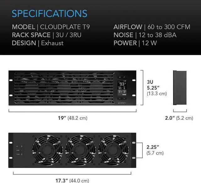 Alt view image 7 of 7 - AC Infinity CLOUDPLATE T9, Rack Mount Fan Panel 3U, Exhaust Airflow, for Cooling AV, Home Theater, Network 19 Racks