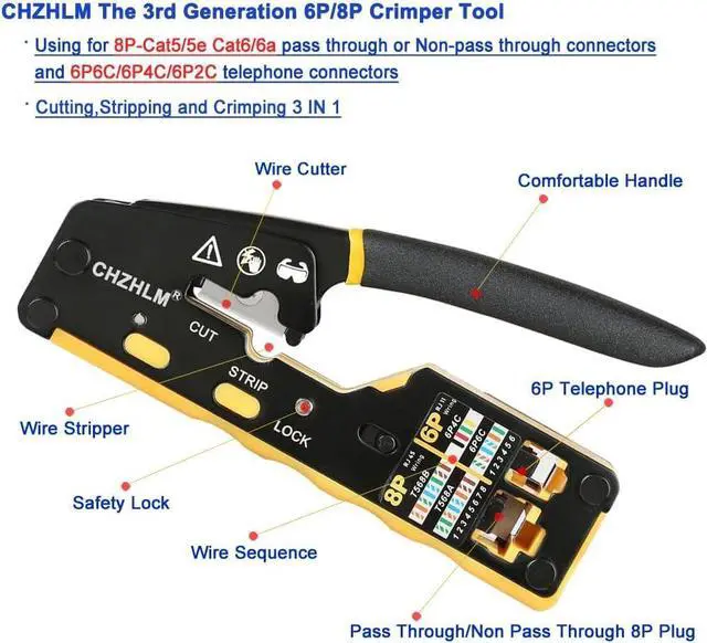 Alt view image 2 of 6 - RJ45 Crimp Tool Kit All-in-one Ethernet Crimping Tool Pass Through Crimper for 8P RJ45 Cat5 Cat5e Cat6 Cat6a 6P RJ11/12 Telephone Connectors With 50Pcs Connectors 50Pcs Covers Mini Yellow Stripper