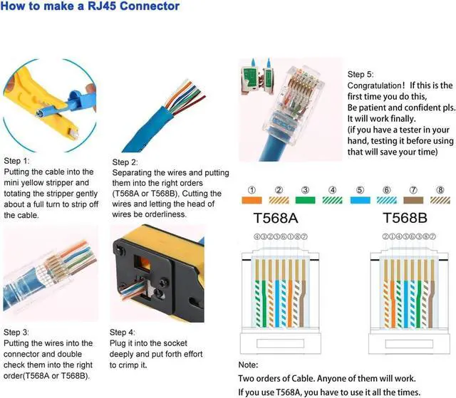 Alt view image 6 of 6 - RJ45 Crimp Tool Kit All-in-one Ethernet Crimping Tool Pass Through Crimper for 8P RJ45 Cat5 Cat5e Cat6 Cat6a 6P RJ11/12 Telephone Connectors With 50Pcs Connectors 50Pcs Covers Mini Yellow Stripper