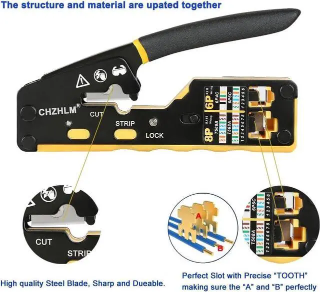 Alt view image 4 of 6 - RJ45 Crimp Tool Kit All-in-one Ethernet Crimping Tool Pass Through Crimper for 8P RJ45 Cat5 Cat5e Cat6 Cat6a 6P RJ11/12 Telephone Connectors With 50Pcs Connectors 50Pcs Covers Mini Yellow Stripper