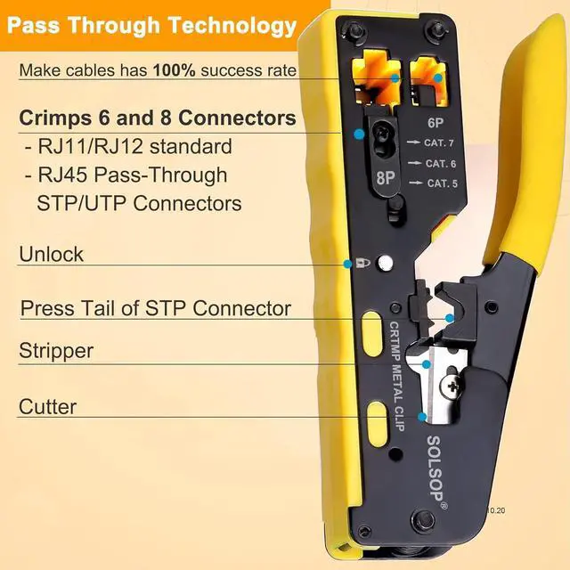 Alt view image 3 of 7 - Pass Through RJ45 Crimp Tool Kit All-in-One Ethernet Crimper Cat7 Cat6 Cat5 Crimping Tool with Network Cable Tester, 50-Pack Cat6 RJ45 Pass Through Connector, 50-Pack Connector Boots