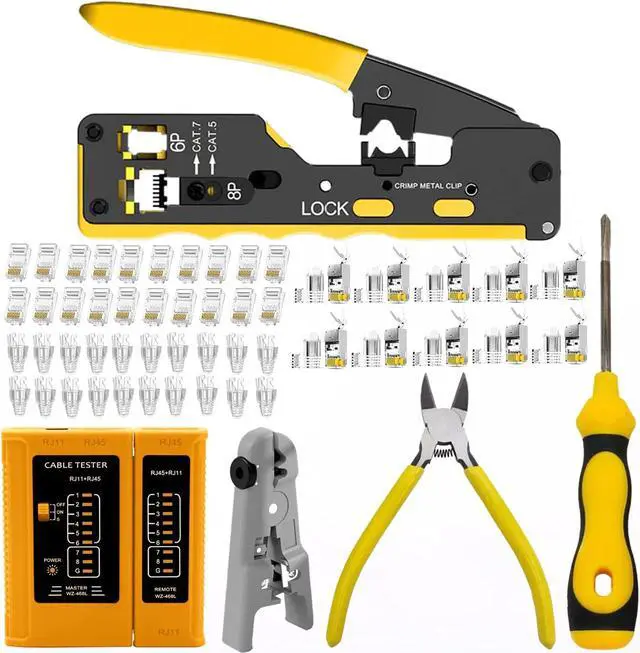 Main image of rj45 Crimp Tool Kit, Pass Through Cat7 Cat6A Cat6 Cat5e Cat5 rj45 Crimping Tool with 10PCS Cat7 Shielded Connectors 10PCS Covers 20PCS Cat6 Pass Through Connectors 20PCS Covers Network Tester