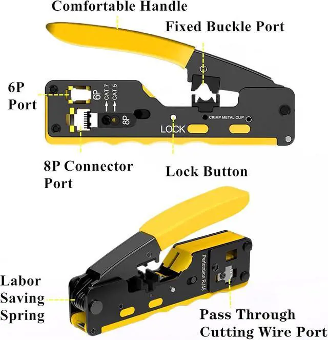 Alt view image 2 of 7 - rj45 Crimp Tool Kit, Pass Through Cat7 Cat6A Cat6 Cat5e Cat5 rj45 Crimping Tool with 10PCS Cat7 Shielded Connectors 10PCS Covers 20PCS Cat6 Pass Through Connectors 20PCS Covers Network Tester