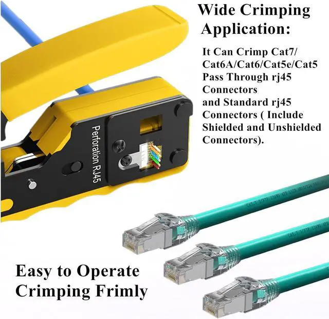 Alt view image 3 of 7 - rj45 Crimp Tool Kit, Pass Through Cat7 Cat6A Cat6 Cat5e Cat5 rj45 Crimping Tool with 10PCS Cat7 Shielded Connectors 10PCS Covers 20PCS Cat6 Pass Through Connectors 20PCS Covers Network Tester