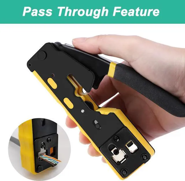 Alt view image 4 of 6 - RJ45 Crimp Tool Pass Through Ethernet Crimping Tool Kit Cat6 Cat5e Cat6a RJ45 Crimper with Cable Tester, Cat6 Connectors with RJ45 Boot Covers, Mini Stripper, Blades and Cable Ties