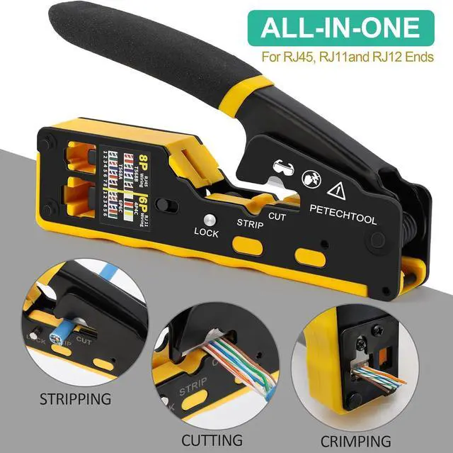 Alt view image 2 of 6 - RJ45 Crimp Tool Pass Through Ethernet Crimping Tool Kit Cat6 Cat5e Cat6a RJ45 Crimper with Cable Tester, Cat6 Connectors with RJ45 Boot Covers, Mini Stripper, Blades and Cable Ties