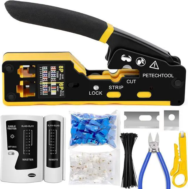 Main image of RJ45 Crimp Tool Pass Through Ethernet Crimping Tool Kit Cat6 Cat5e Cat6a RJ45 Crimper with Cable Tester, Cat6 Connectors with RJ45 Boot Covers, Mini Stripper, Blades and Cable Ties