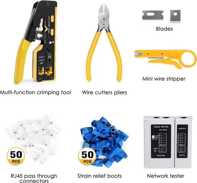 Alt view image 2 of 7 - RJ45 Crimp Tool Kit, Ethernet Pass Through Crimper, Network Cat5 Cat6 Cat7 Crimping Tool Repair Kit Includes Cable Tester, Mini Stripper, Blades, 50Pcs Connectors and Strain Relief Boots