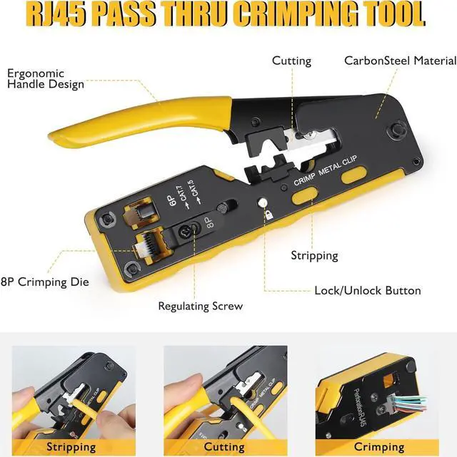 Alt view image 3 of 7 - RJ45 Crimp Tool Kit, Ethernet Pass Through Crimper, Network Cat5 Cat6 Cat7 Crimping Tool Repair Kit Includes Cable Tester, Mini Stripper, Blades, 50Pcs Connectors and Strain Relief Boots