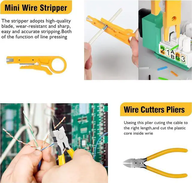 Alt view image 4 of 7 - RJ45 Crimp Tool Kit, Ethernet Pass Through Crimper, Network Cat5 Cat6 Cat7 Crimping Tool Repair Kit Includes Cable Tester, Mini Stripper, Blades, 50Pcs Connectors and Strain Relief Boots