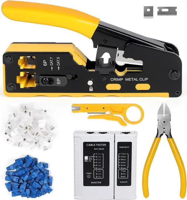 Main image of RJ45 Crimp Tool Kit, Ethernet Pass Through Crimper, Network Cat5 Cat6 Cat7 Crimping Tool Repair Kit Includes Cable Tester, Mini Stripper, Blades, 50Pcs Connectors and Strain Relief Boots