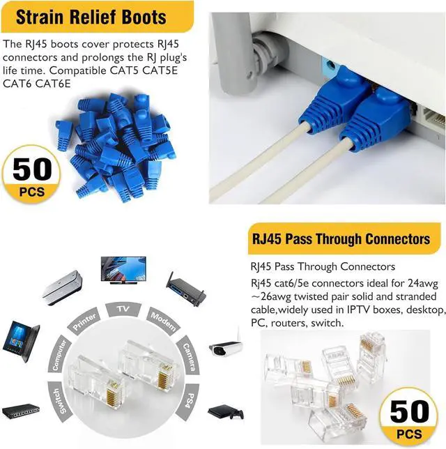 Alt view image 5 of 7 - RJ45 Crimp Tool Kit, Ethernet Pass Through Crimper, Network Cat5 Cat6 Cat7 Crimping Tool Repair Kit Includes Cable Tester, Mini Stripper, Blades, 50Pcs Connectors and Strain Relief Boots