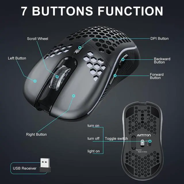 Alt view image 6 of 6 - Wireless Gaming Mouse with Honeycomb Shell,USB Cordless 2.4GHz Ergonomic Wireless Mouse,Rechargeable RGB Backlight Computer Mouse for pc,Laptop,Computer(Black)