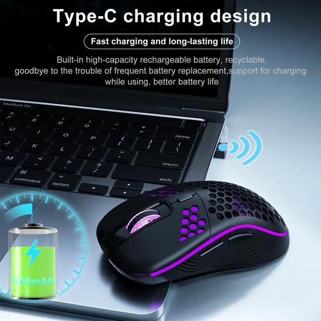 Alt view image 2 of 6 - Wireless Gaming Mouse with Honeycomb Shell,USB Cordless 2.4GHz Ergonomic Wireless Mouse,Rechargeable RGB Backlight Computer Mouse for pc,Laptop,Computer(Black)