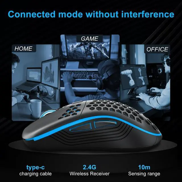 Alt view image 4 of 6 - Wireless Gaming Mouse with Honeycomb Shell,USB Cordless 2.4GHz Ergonomic Wireless Mouse,Rechargeable RGB Backlight Computer Mouse for pc,Laptop,Computer(Black)