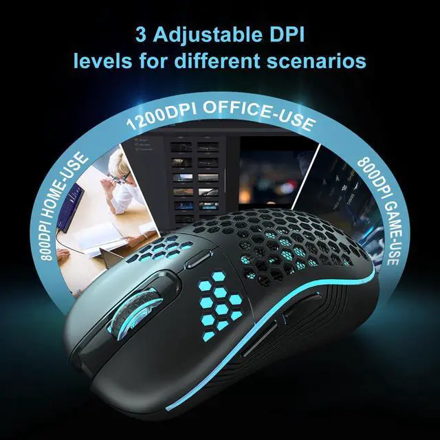 Alt view image 3 of 6 - Wireless Gaming Mouse with Honeycomb Shell,USB Cordless 2.4GHz Ergonomic Wireless Mouse,Rechargeable RGB Backlight Computer Mouse for pc,Laptop,Computer(Black)
