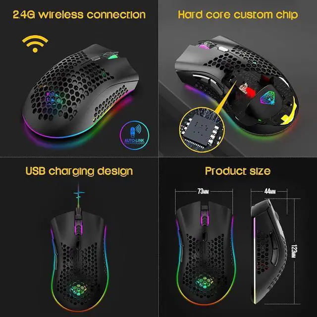 Alt view image 4 of 6 - Wireless Gaming Mouse, Silent Click Wireless Rechargeable Mouse with Colorful LED Lights and 3 Level DPI 400mah Lithium Battery for Laptop and Computer (C23 BLACK)