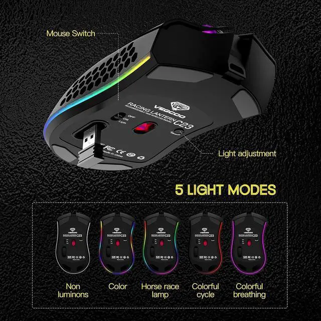 Alt view image 6 of 6 - Wireless Gaming Mouse, Silent Click Wireless Rechargeable Mouse with Colorful LED Lights and 3 Level DPI 400mah Lithium Battery for Laptop and Computer (C23 BLACK)