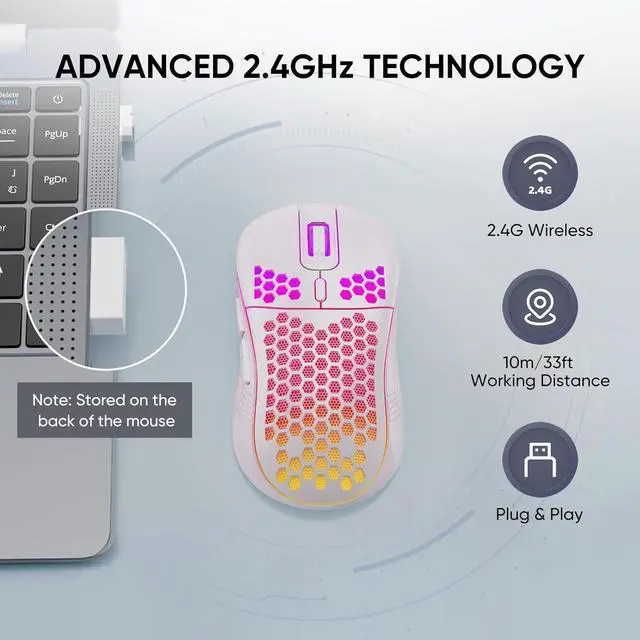 Alt view image 2 of 7 - Wireless Gaming Mouse Honeycomb 2.4G USB Cordless Mouse RGB Rechargeable PC Game Mice with 7-Color LED Lights,3 Adjustable DPI for Windows Laptop Desktop Computers - White