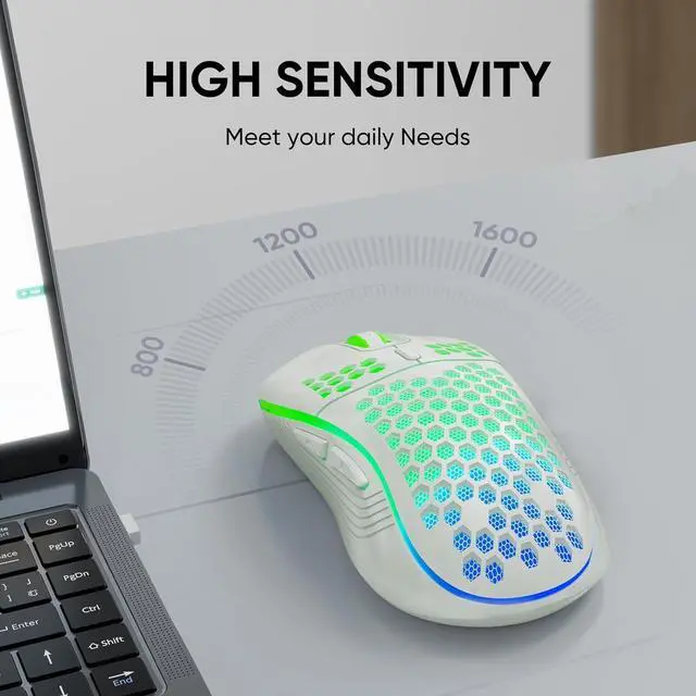 Alt view image 3 of 7 - Wireless Gaming Mouse Honeycomb 2.4G USB Cordless Mouse RGB Rechargeable PC Game Mice with 7-Color LED Lights,3 Adjustable DPI for Windows Laptop Desktop Computers - White